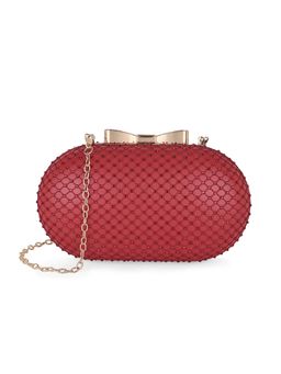 Globus - Women Red Bow Shape Lock Embellished Oval Party Clutch with Attached Chain