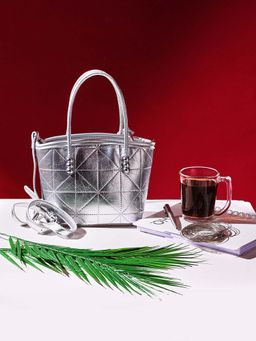 Globus - Women Silver Textured Party Handheld Bag with Detachable Strap