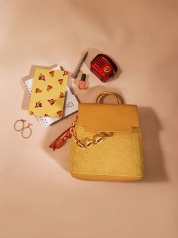 Globus - Women Yellow Floral Lace & Chain Detail Yoke Style Strap Medium Backpack