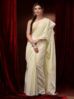 CHARUKRITI - Cream Pure Cotton Handwoven Stripes Saree with Unstitched Blouse