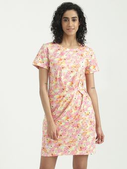 United Colors of Benetton - Cotton Blend Multi-Color & Multi Color Round Neck Women Dress (XS)