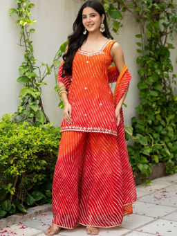 HOUSE OF JAMOTI - Jaipur Sunset Orange Leheriya Kurta with Palazzo and Dupatta