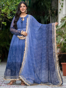 HOUSE OF JAMOTI - Desert Blue Leheriya Anarkali Kurta with Pant and Dupatta