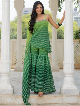 HOUSE OF JAMOTI - Vihana Green Leheriya Kurta with Sharara and Dupatta