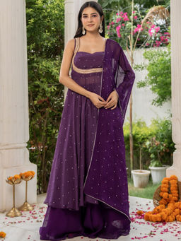 HOUSE OF JAMOTI - Aarika Purple Organza Anarkali Kurta with Palazzo and Dupatta