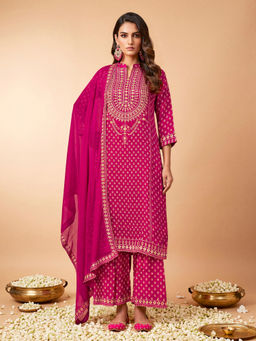 INDDUS - Women Motifs Printed Embroidered Kurta with Palazzo and Dupatta