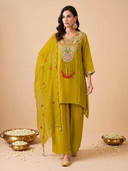 INDDUS - Women Floral Thread Embroidered Yoke Design Kurta with Palazzo and Dupatta