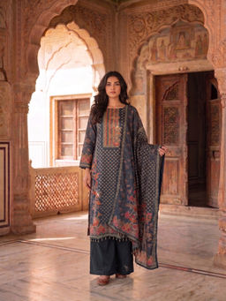 INDDUS - Women Poly Crepe Floral Printed Embellished Kurta with Pant and Dupatta