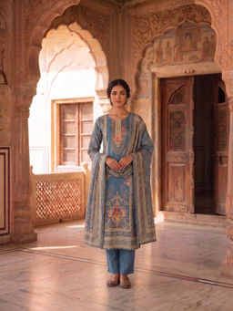INDDUS - Women Cotton Linen Floral Kurta with Pant and Dupatta