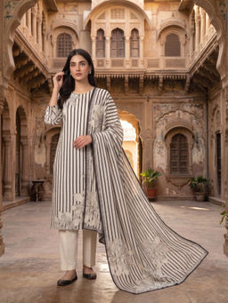 INDDUS - Women Cotton Mul Striped Kurta with Pant and Dupatta