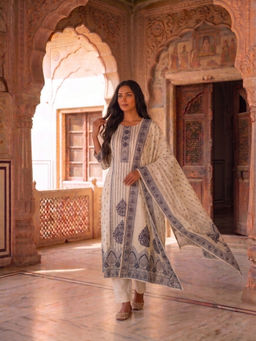 INDDUS - Women Floral Printed and Embroidered Kurta with Pant and Dupatta
