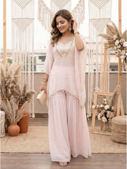 Label Kanupriya - Light Pink Sequin Work Kaftan with Crop Top and Sharara