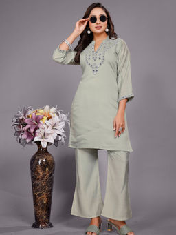 M MARCH LABEL - Pista Green Mirror Work Women Kurta with Pant