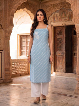 INDDUS - Women Leheriya Printed and Beads Embroiderd Kurta with Pant