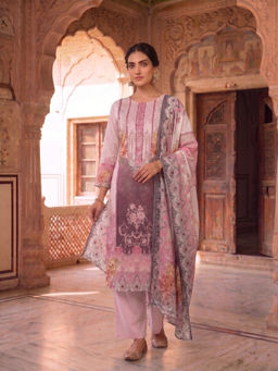 INDDUS - Women Cotton Floral Printed Sequin Embroidered Kurta with Pant and Dupatta