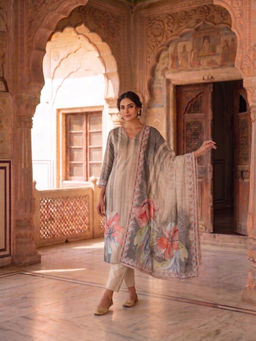 INDDUS - Women Cotton Floral Printed Thread Work Embroidered Kurta with Pant and Dupatta