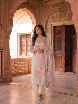 INDDUS - Women Cotton Floral Printed Sequin Embroidered Kurta with Pant and Dupatta