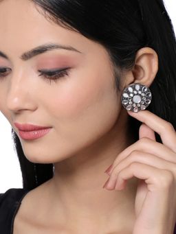 VIRAASI - Antique Oxidised Mirror Work Stud Earrings for Women and Girls