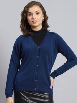Monte Carlo - Womens Solid Navy Blue V Neck Full Sleeve Cardigan