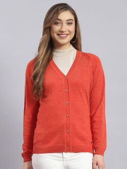 Monte Carlo - Womens Solid Rust V Neck Full Sleeve Cardigan