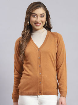 Monte Carlo - Womens Solid Brown V Neck Full Sleeve Cardigan