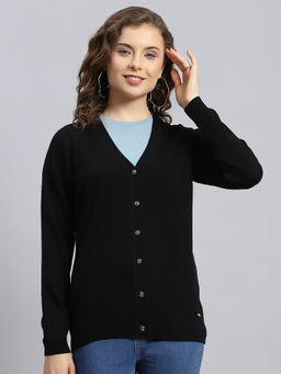 Monte Carlo - Womens Solid Black V Neck Full Sleeve Cardigan