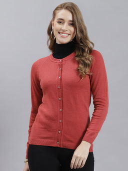 Monte Carlo - Womens Solid Rust Round Neck Full Sleeve Cardigan