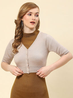 Monte Carlo - Womens Solid Grey V Neck Half Sleeve Cardigan