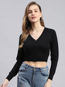 Monte Carlo - Womens Solid Black V Neck Full Sleeve Sweater