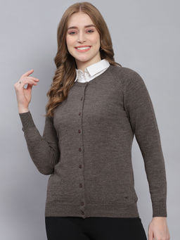 Monte Carlo - Womens Solid Grey Round Neck Full Sleeve Cardigan