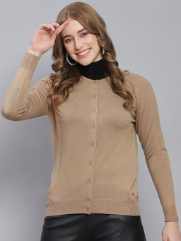 Monte Carlo - Womens Solid Brown Round Neck Full Sleeve Cardigan
