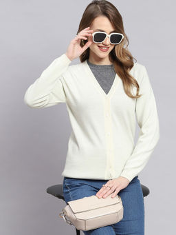 Monte Carlo - Womens Solid Off White V Neck Full Sleeve Cardigan