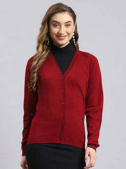 Monte Carlo - Womens Solid Red V Neck Full Sleeve Cardigan