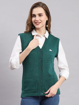 Monte Carlo - Womens Solid Teal V Neck Sleeveless Cardigan