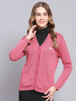 Monte Carlo - Womens Solid Pink V Neck Full Sleeve Cardigan
