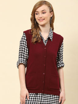 Monte Carlo - Womens Solid Maroon V Neck Sleeveless Cardigan