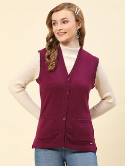 Monte Carlo - Womens Solid Purple V Neck Sleeveless Cardigan