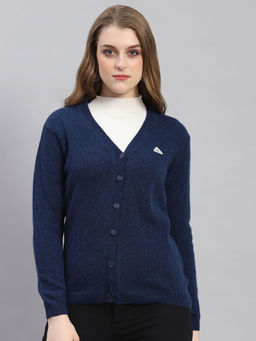 Monte Carlo - Womens Solid Navy Blue V Neck Full Sleeve Cardigan