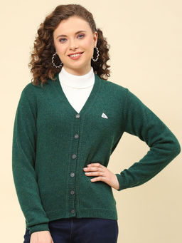 Monte Carlo - Womens Solid Green V Neck Full Sleeve Cardigan