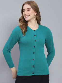 Monte Carlo - Womens Solid Teal Round Neck Full Sleeve Cardigan