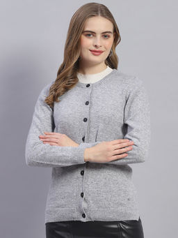 Monte Carlo - Womens Solid Grey Round Neck Full Sleeve Cardigan