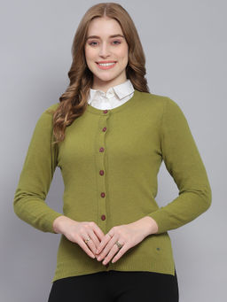 Monte Carlo - Womens Solid Green Round Neck Full Sleeve Cardigan