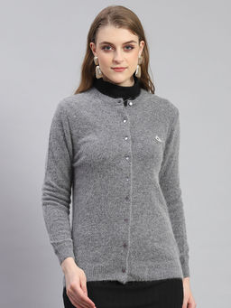 Monte Carlo - Womens Solid Grey Round Neck Full Sleeve Cardigan