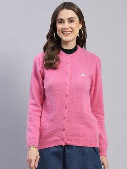 Monte Carlo - Womens Solid Pink Round Neck Full Sleeve Cardigan