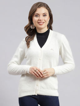 Monte Carlo - Womens Solid Off White V Neck Full Sleeve Cardigan