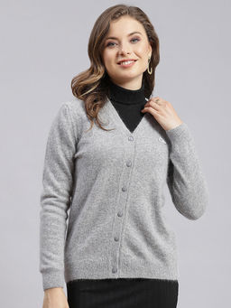 Monte Carlo - Womens Solid Grey V Neck Full Sleeve Cardigan