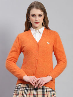 Monte Carlo - Womens Solid Orange V Neck Full Sleeve Cardigan