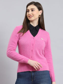 Monte Carlo - Womens Solid Pink V Neck Full Sleeve Cardigan