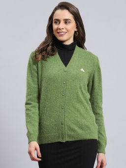 Monte Carlo - Womens Solid Green V Neck Full Sleeve Cardigan