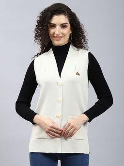 Monte Carlo - Womens Solid Off White V Neck Sleeveless Cardigan